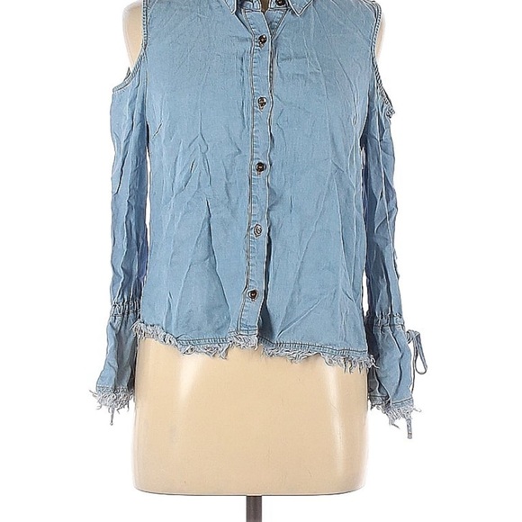 Splendid cold shoulders button down shirt blue chambray denim frayed edges M - Picture 4 of 14